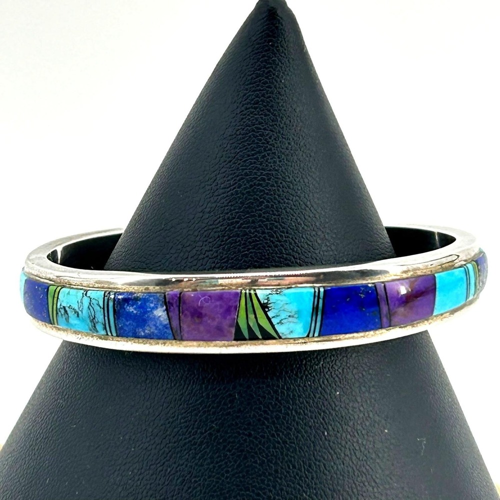 Sterling Silver Multi Stone Navajo Inlay Cuff Bracelet Turquoise Lapis Sugilite
